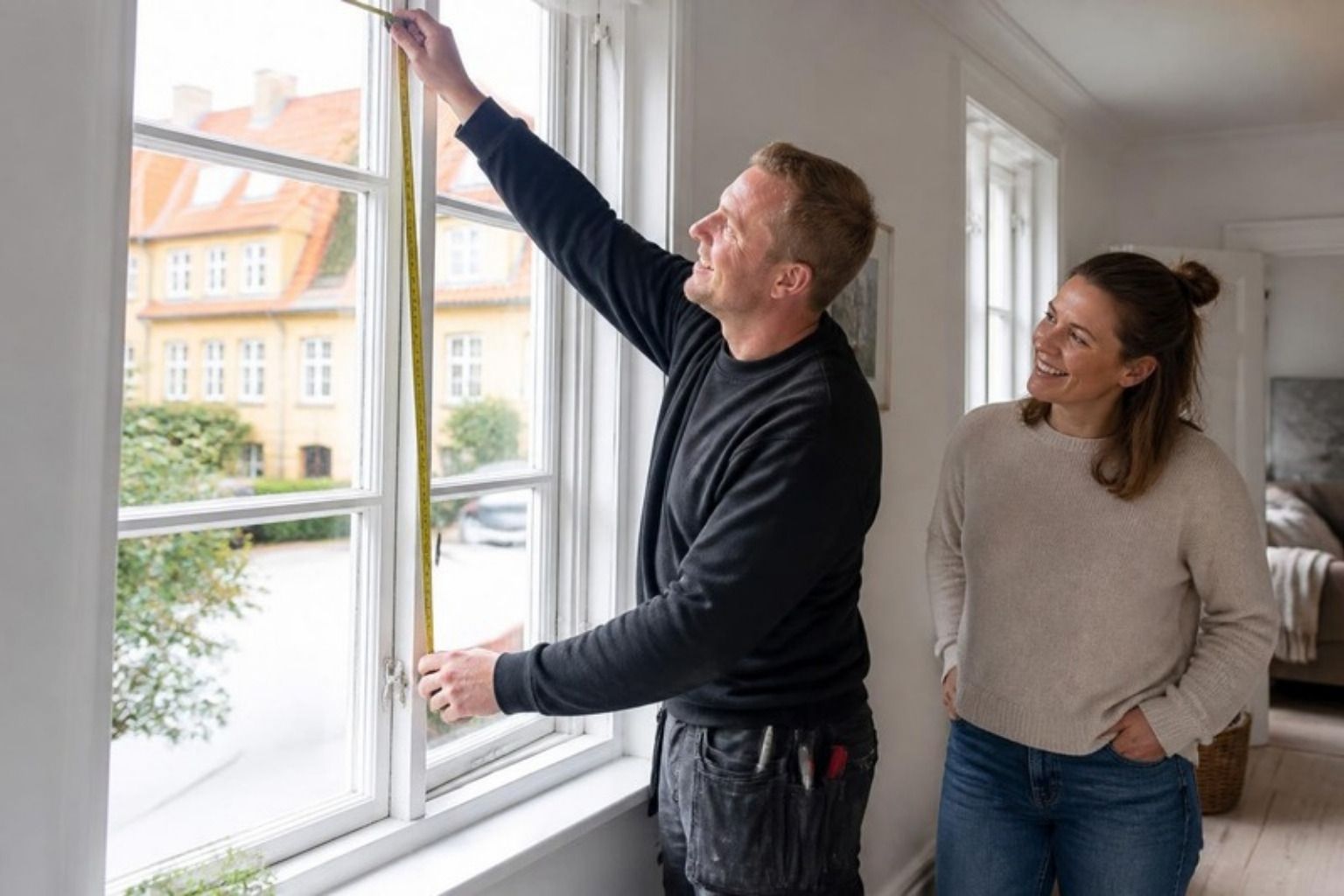 Smilende håndværker måler et hvidt trævindue op med tommestok, mens husejeren ser til i stuen